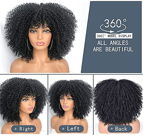 Runm Short Curly Afro Wig With Bangs For Black Women Kinky Curly Hair Wig Afro Synthetic Full Wigs（Black） #TOP3