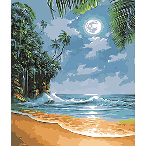 Katosca DIY Paint by Numbers for Adults Kids Seascape Paint by Numbers DIY Painting Acrylic Paint by Numbers Painting Kit Home Wall Living Room Bedroom Decoration Seaside Moon Beach(Moon Beach)