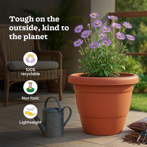 Image of UGAOO Cosmos Flower Pots - 12 Inch, Set of 3 | Terracotta Color, Large, Rugged Plastic Planters for Vegetables, Flowers & Shrubs, Outdoor Garden Use