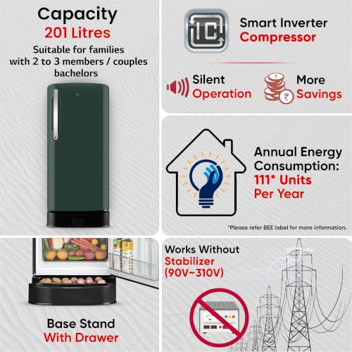 Image of LG 201 L, 5 Star, Smart Inverter, Direct Cool Single Door Refrigerator (GLD2156ZHEG, Emerald Green, Base stand with Drawer)