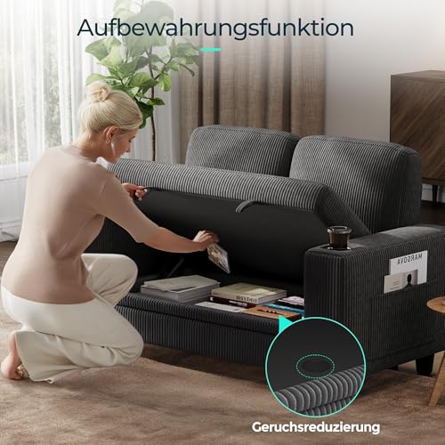 LINSY HOME Loveseat Sofa mit Stauraum – Bequemes Plüsch-Cord-2-Sitzer-Sofa mit Getränkehaltern, Sofa Klein für Kleine Räume, Wohnzimmer, Schlafzimmer, Wohnung