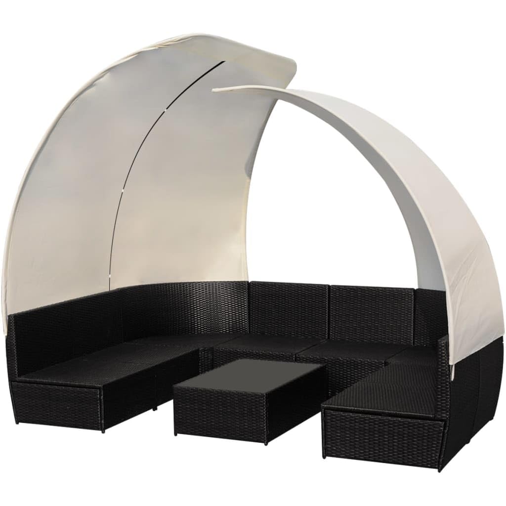 Juego de salón de jardín de 9 piezas, ratán sintético negro con 2 toldos, conjunto modular para exteriores, para terraza, balcón y jardín, incluye cojín y mesa de café