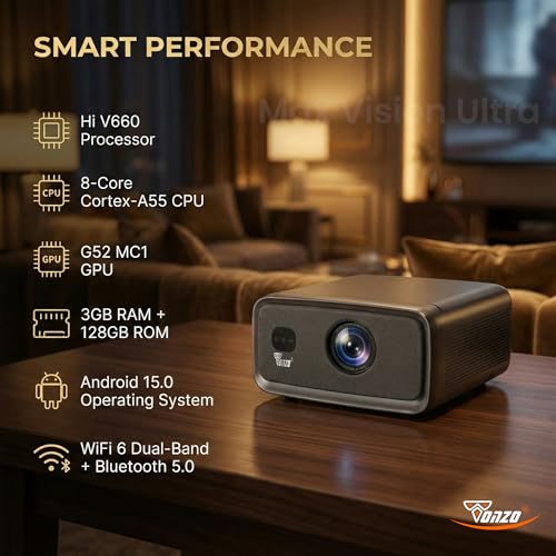 Image of TONZO Max Vision Ultra Android Home Projector 15 Real HDR10+ /HLG 34000 Lumens, 3GB RAM, 128GB ROM Native 1080p Supports 4K Ultra HD Auto Focus & Auto /Electric Keystone HDMI ARC Wi-Fi