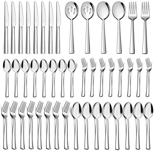 Homikit 46-Piece Silverware Set with Serving Utensils, Stainless Steel Square Flatware Cutlery Set for 8, Modern Home Restaurant Hotel Eating Utensils, Includes Fork Spoon Knife, Dishwasher Safe