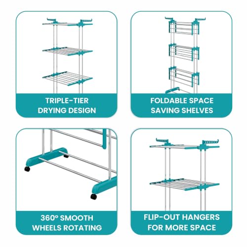 Image of LAPO Heavy Duty Cloth Dryer Stand for Drying Clothes for Indoor & Outdoor | Fodable | 360 Wheels | Anti Rust & Corrosion All Season | More Than 40 Clothes Drying | Space Saving & Adjustable (5.7 Ft)
