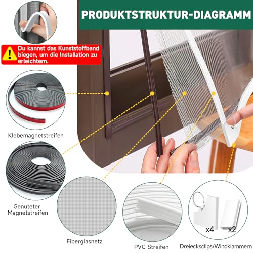 MLEJU Fliegengitter Fenster Magnet, DIY Insektenschutz Magnetfenster, Zuschneidbar bis 130 x 150 cm, Einfache Montage ohne Bohren, Magnet Rahmen für Fliegengitter Fenster, Glasfaser-Mesh(Graues Netz)