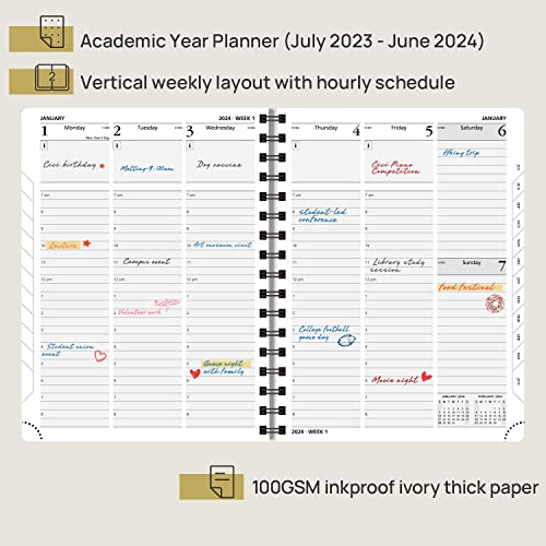 Poprun Planner 2023-2024 (6.5'' X 8.5'') Academic Year Calendar (July 2023 - June 2024) With Hourly Time Slots, Weekly & Daily Appointment Book For Time Management, Vegan Leather Cover - Brown #TOP1