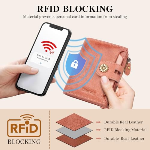 Image of Wallet Women,RFID Blocking Leather Womens Wallet Bifold Compact Card Holder Small Wallet for Women with Removable ID Window Pink