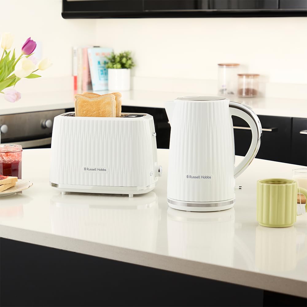 Russell Hobbs Hervidor de Agua Eléctrico, para agua caliente, té o café, 1,7 l, tapa apertura por presión, filtro extraíble y lavable, detalles cromados, blanco, 2400 W, Eden 27360-70