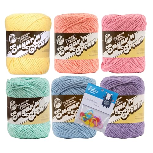Image of Lily Sugar'n Cream 100% Cotton Yarn 6-Pack Bundle with Bella's Crafts Stitch Markers (Pastel Solids)