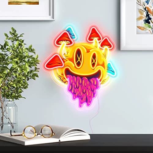 Ggk Smiling With Mushrooms Neon Sign Unique Mushroom Decor Aesthetic Room Decor Trippy Mushrooms Light For Halloween Parties, Bedroom Wall, Bar, Game Room, Man Cave Neon X Art Printing Upgraded Led Neon Lights #TOP1