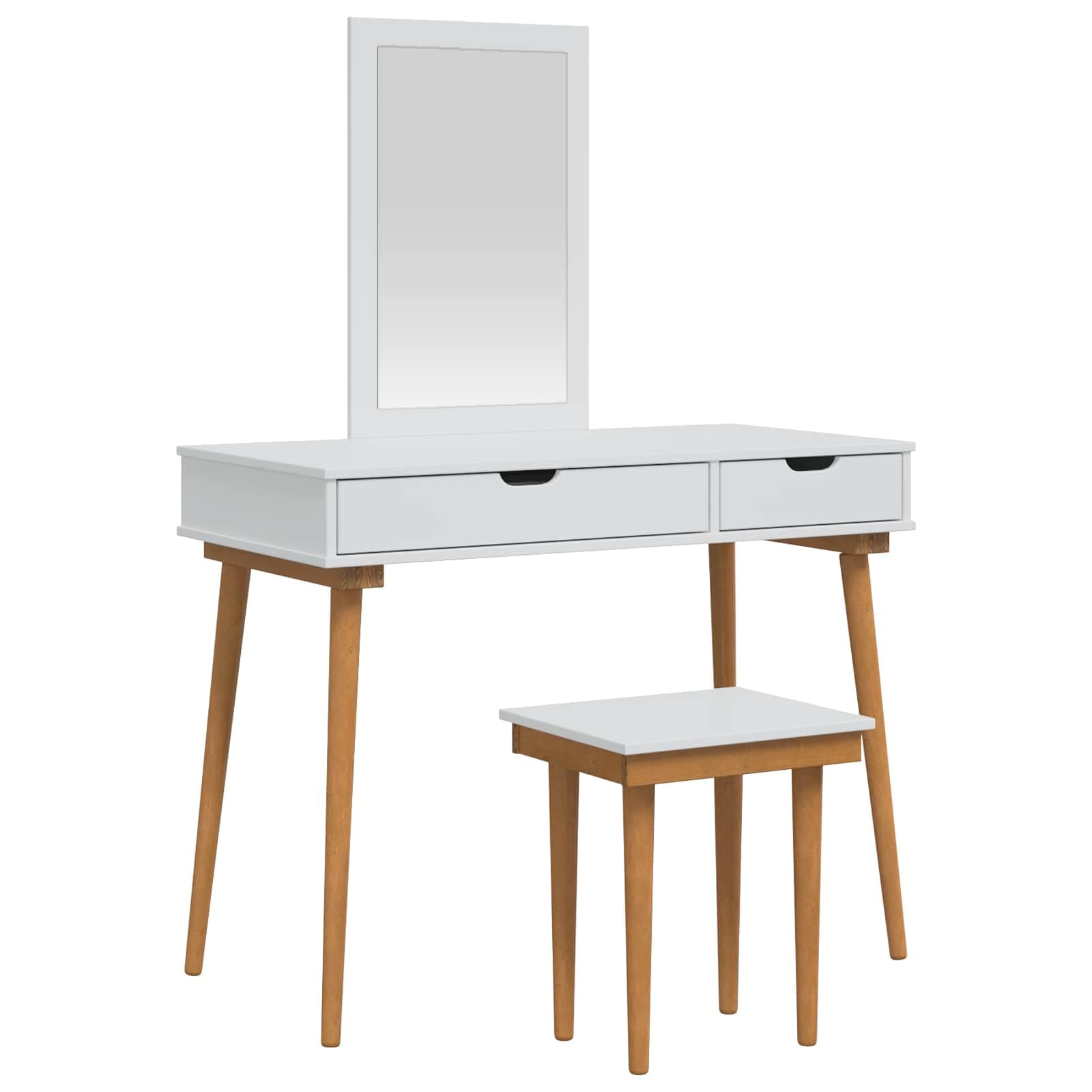 Mesa de tocador moderna FAUSKE blanca con almacenamiento compacto y espejo de 3 piezas