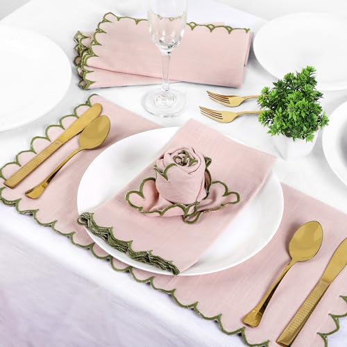 Image of FINGERCRAFT Scallop Edge Cloth Napkins | Set of 6 | 20x20 Inches | 100% Cotton | Table Napkins for Any Occasion | Washable, Perfect for Parties and Everyday Use (Pink Slub, Set of 6)