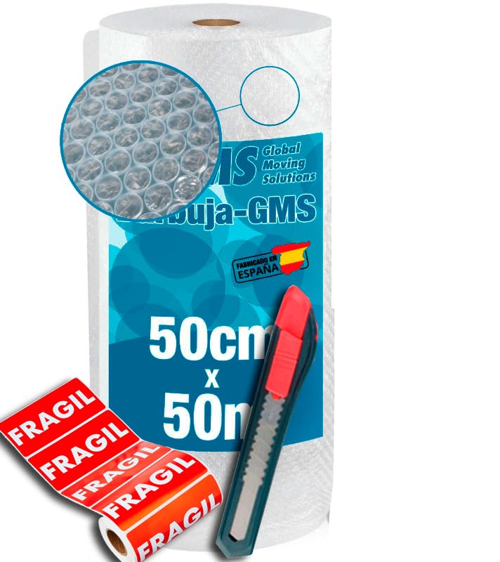GMS - Rollo Papel Burbuja Extra Fuerte + Cutter + 10 Etiquetas Frágil - Rollo Burbuja Mudanza - Rollo Plastico Burbuja Embalaje, Especial Mudanza, Envio y Embalaje (50cm (Alto) x 50m (Largo))