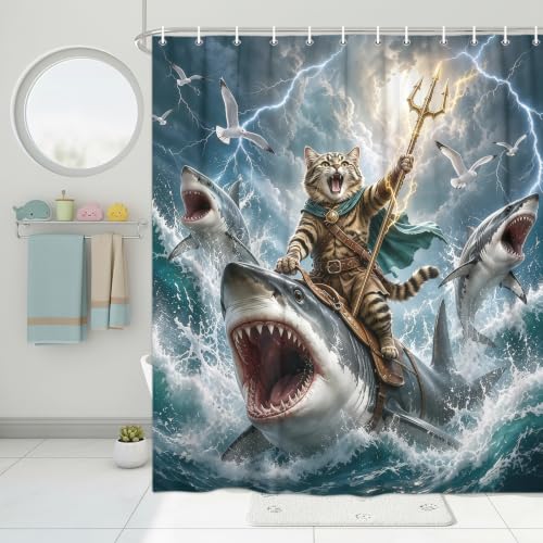 Image of Funny Cat Riding Shark Shower Curtain, Fun Ocean Waves Bath Curtain