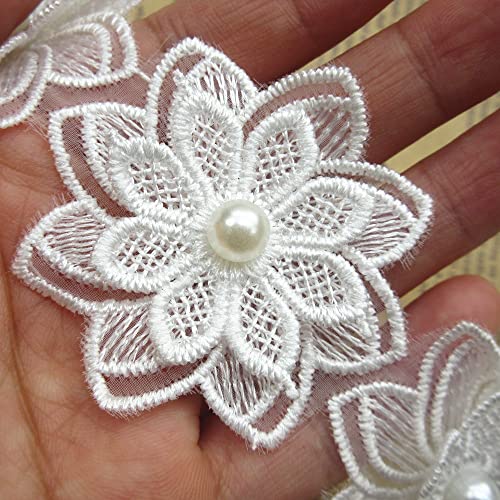 2 Yards 3D Flower Lace Edge Trim Pearl Embroidered Polyester Lace Trimming Ribbon Fabric Applique Patchwork for Wedding Bridal Dress Handmade DIY Sewing Craft Supplies Decoration (White) - Thumbnail 2