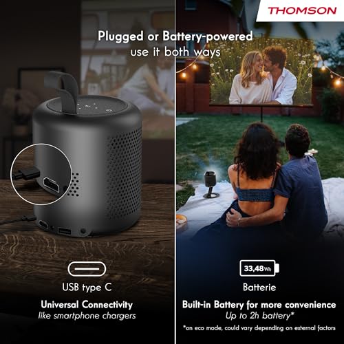 Thomson Vega PG35B Projecteur LED Intelligent Portable, Full HD 1080p, Google TV, 350 ANSI, Autofocus, Keystone, HDR10, Dolby Digital+, WiFi, Bluetooth, Batterie Intégrée – Étui Inclus