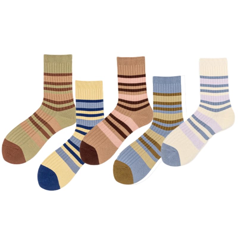 Image of 5 /10 Pairs Retro Style Colorful Striped Socks, Cute Athletic Crew socks for Women
