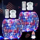 Jmexsuss 2 Pack Red White And Blue Battery Operated Rope Lights Outdoor, 33Ft 100 Led Battery Powered 4Th Of July Lights With Remote, 8 Modes Patriotic Rope Lights For Independence Memorial Day Decor