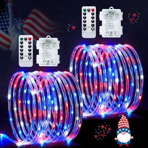 Jmexsuss 2 Pack Red White And Blue Battery Operated Rope Lights Outdoor, 33Ft 100 Led Battery Powered 4Th Of July Lights With Remote, 8 Modes Patriotic Rope Lights For Independence Memorial Day Decor
