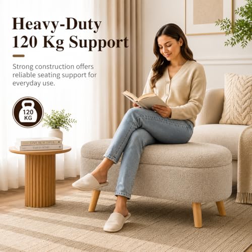 Image of Upholstered Ottoman Storage Bench, Premium Boucle Fabric, Heavy Duty 120 Kg Load Capacity, Multipurpose Seating for Living Room & Bedroom, Stone Beige