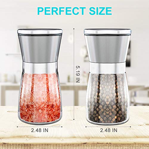 Salt and Pepper Grinder Set of 2, Adjustable Ceramic & Stainless Steel Mill Set, Glass Body Refillable Mill Shakers - Easy Clean Grinders with Silicon Funnel and Cleaning Brush