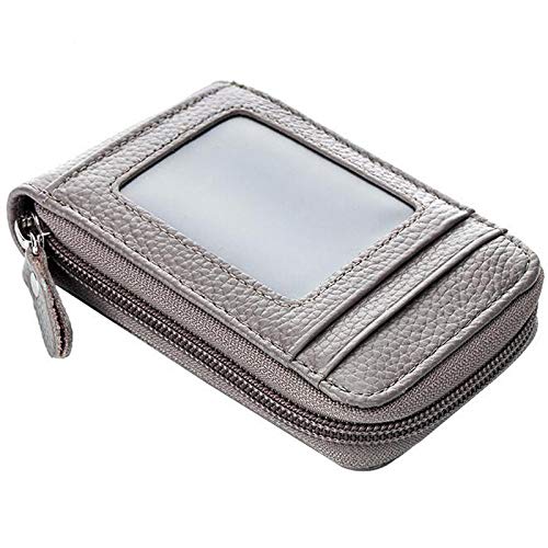 Image of Meufam Premium Leather Slim Zipper Business/Credit Card Wallet Case Holder with Clear Photo Slot, Security Travel Wallet (Gray,L 4.5 in x W 2.75 in x H 0.59 in)