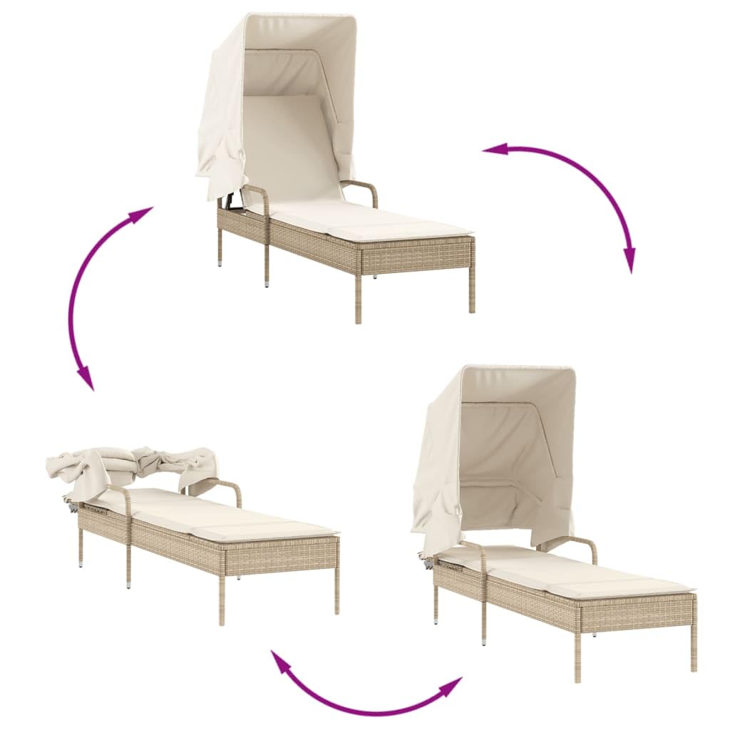 Sonnenliege mit Dach beige Poly Rattan, Gartenliege verstellbar mit Kissen, wetterfest UV-beständig, 200 cm Liegefläche für Garten, Balkon, Terrasse, Pool und Camping