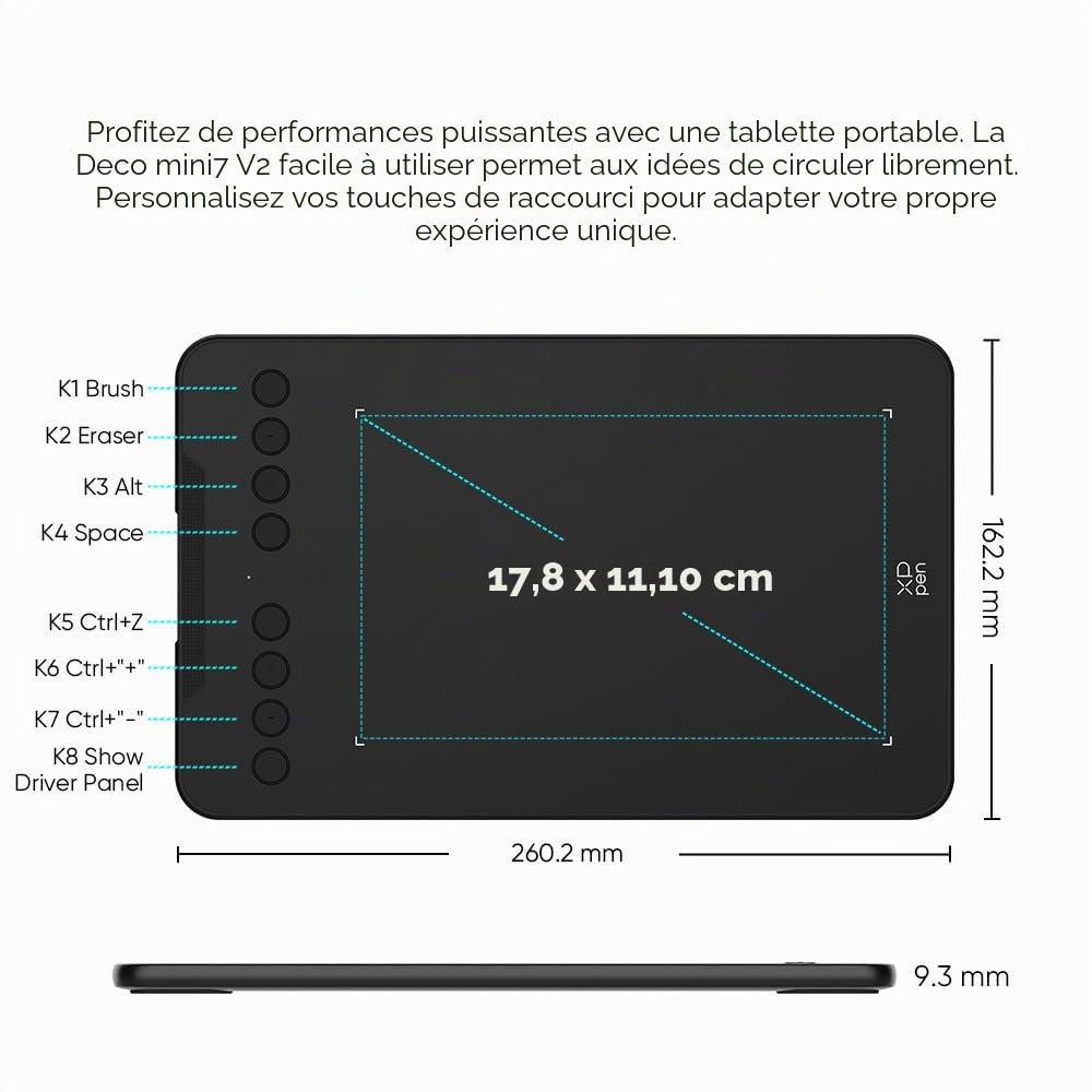 XP-PEN Deco mini7 v2 Tablette Graphique 7x4 Pouces Stylet 16K(16384) Niveaux de Pression avec Inclinaison 60 Degrés Compatible avec Windows Mac Android