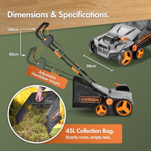 VonHaus Lawn Scarifier/Aerator/Rake Cordless – for Dethatching/Raking Grass of Thatch, Moss, Dead Leaves & Aerates Soil – 40V Battery (2x 20V), Dual Charger, 45L Collection Box, 38cm Working Width - Image 7