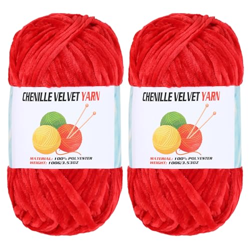 Image of 2 * 100g Velvet Chenille Chunky, Handcrafts Weaving Soft Chenille Yarn for Crocheting Clearance, Used for Making Baby Yarn Blanket, Clothes, Knitting Creations (Red)