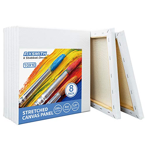 Image of FIXSMITH Stretched White Blank Canvas - 10 x10 Inch, Bulk Pack of 8, Primed, 100% Cotton, 5 /8 Inch Profile of Super Value Pack for Acrylics,Oils & Other Painting Media.