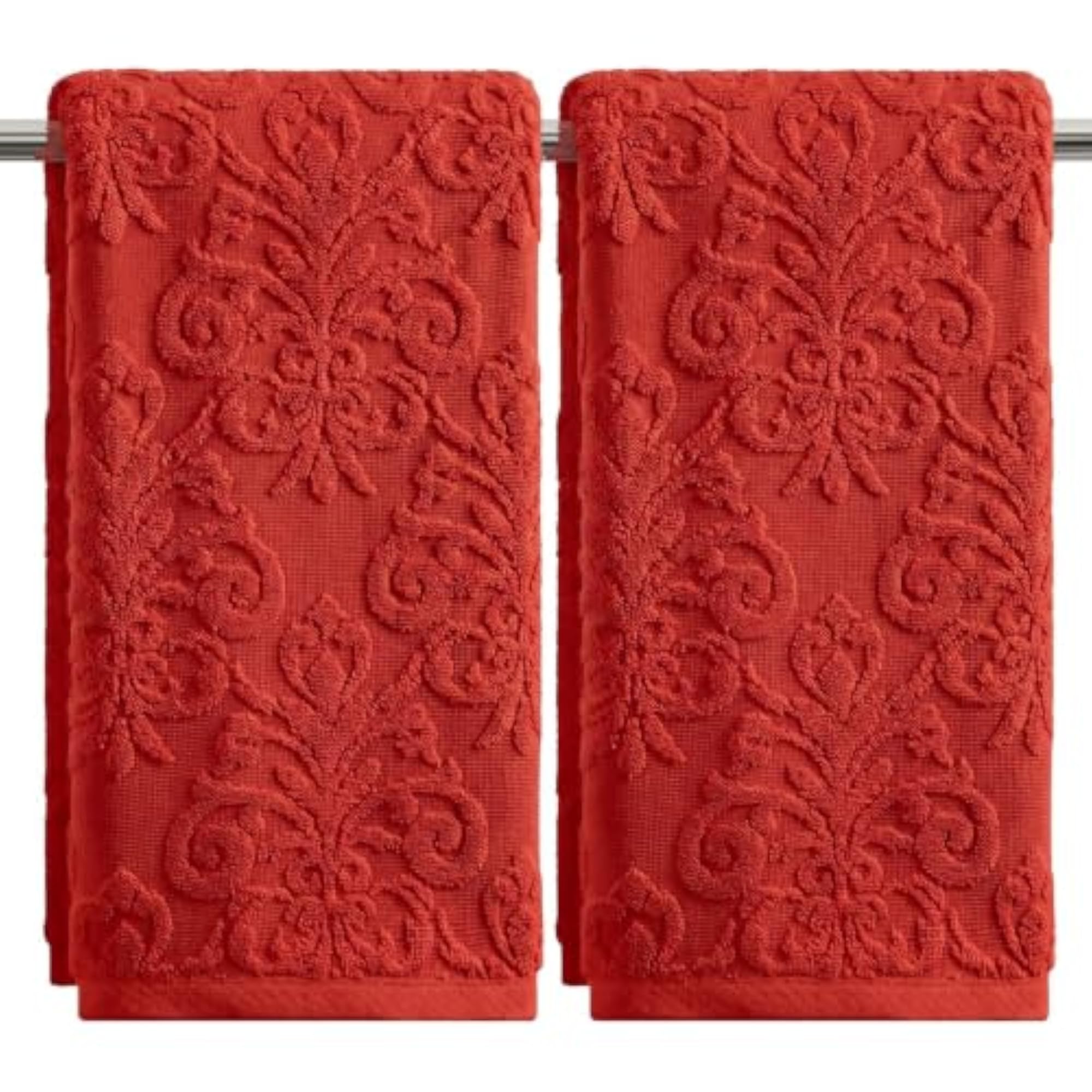 2 Pcs Red 3D Vintage Floral Hand Towels