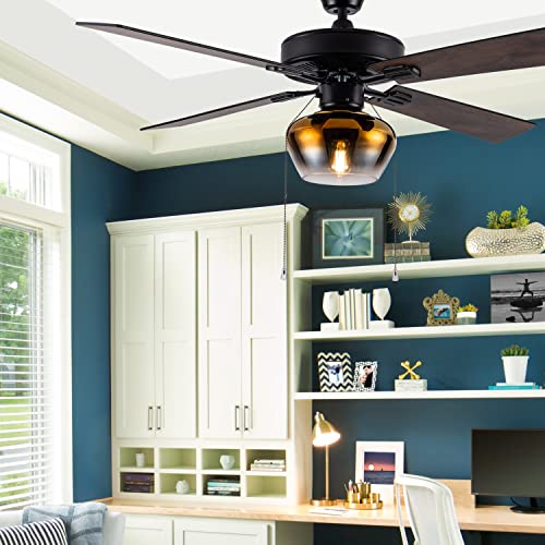 River Of Goods Transitional Glass Globe Led Ceiling Fan - 52" L X 52" W - Rich Barnwood/Black Fan Blades #TOP2