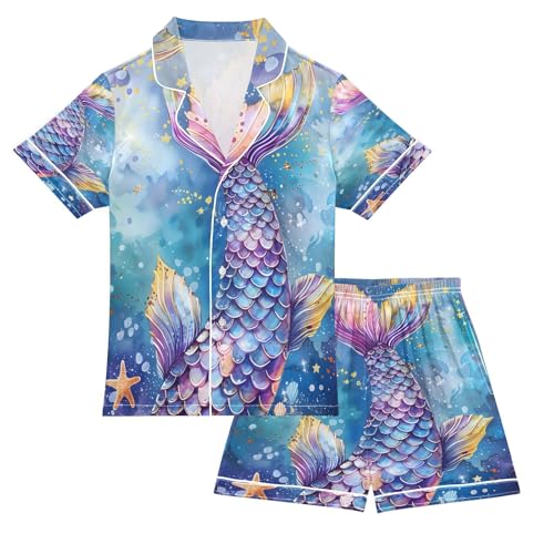 ALAZA Mermaid Starfish Watercolor Satin Pajamas Set Short Sleeve Button Down Sleepwear Summer Pjs 2 Piece