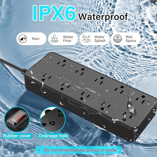 Extensión Adoreen Outdoor Power Strip 10 Ft, Protector contra Sobretensiones IPX6 Impermeable con 10 Tomas de Corriente Amplias, Cable de 10 Ft, Enchufe Plano 45°, Montable en Pared, 125V miniatura 2
