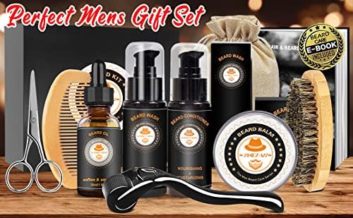Upgraded Beard Grooming Kit w/Beard Conditioner,Beard Oil,Beard Balm,Beard Brush,Beard Shampoo/Wash,Beard Comb,Beard Shaper,Beard Scissor,Storage Bag,Beard E-Book,Beard Growth Care Daddy Gifts for Men