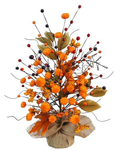 Caplidou Fall Table Centerpieces Tree, Faux Fall Tree Artificial Fall Tabletop Tree Pumpkin and Maple Leaf Berry with Burlap Base Fall Decorations for Autumn Thanksgiving Party Office Home