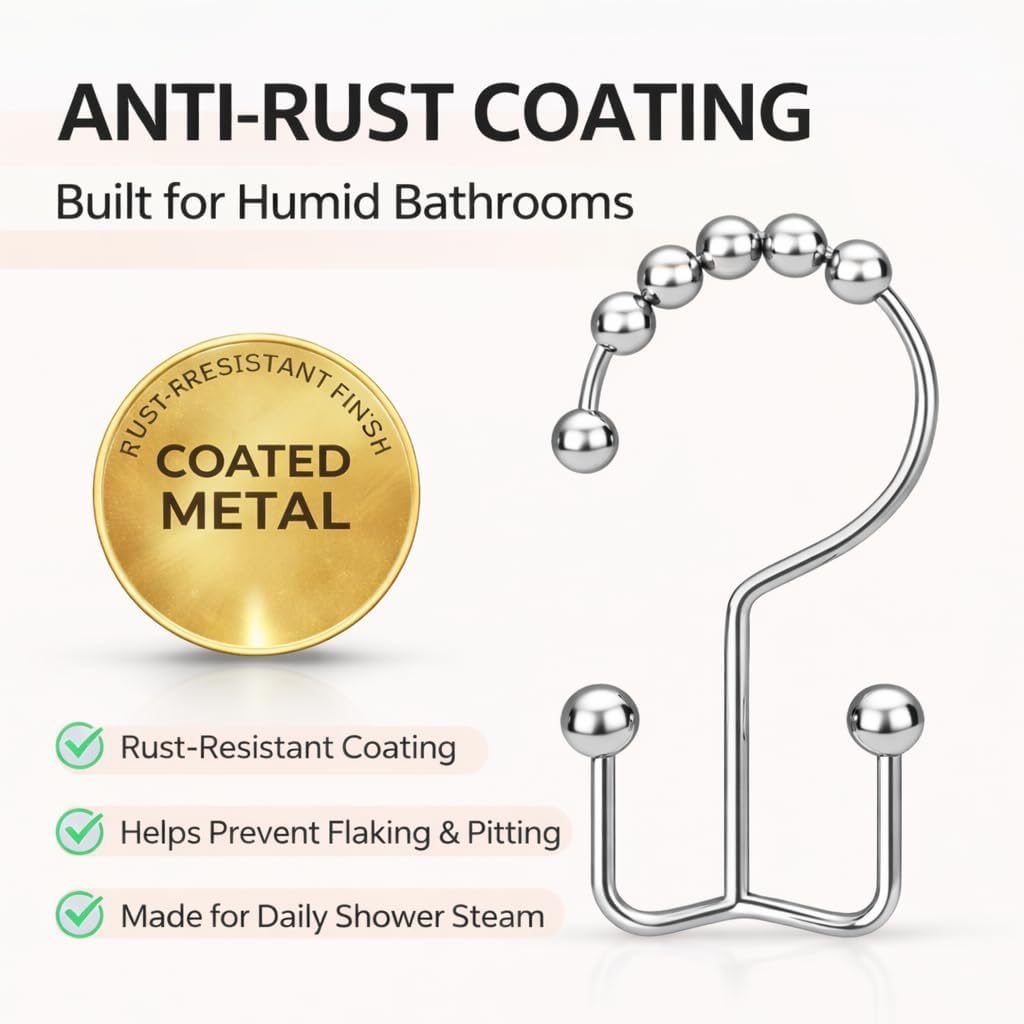 Double Shower Curtain Hooks with Roller Balls, Rust Resistant Metal Shower Curtain Rings, Set of 12 (Chrome)