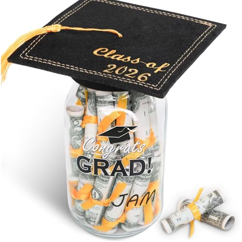Graduation Gifts 2026 - Personalized Name Graduation Mason Jar - Filled with Money & Class of 2026 Cap Kit - Centerpieces Congrats Decorations Party Supplies for Him Her Women Men College High School