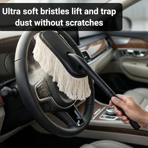 Image of Premium Soft Fiber Car Duster Brush Set with Dashboard & Air Vent Cleaning Brush | Scratch-Free Car Interior & Exterior Dust Cleaner for Car (Pack of 2) (White Car Duster + Brush)