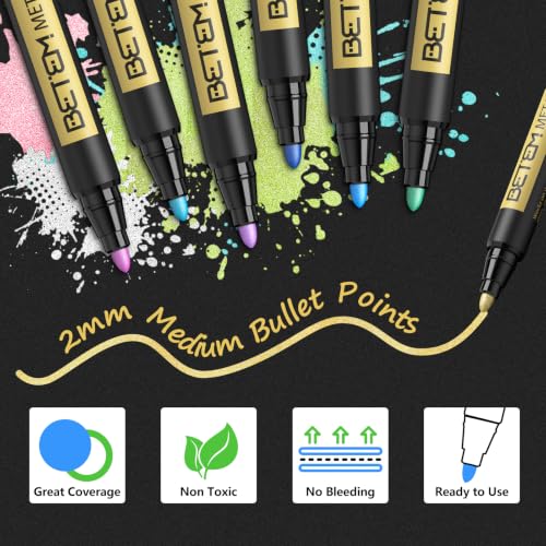 Image of Betem Metallic Paint Markers, 26 Colors Acrylic Metallic Markers for Black Paper, 2mm Medium Tip Glitter Pens Scrapbooking Supplies, Teacher Appreciation Gift, Rock, Photo Albums, Card Making Kit