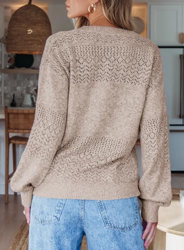 Image of SHEWIN Women's Sweaters Casual Long Sleeve V Neck Crewneck Lightweight Crochet Pullover Sweater Tops