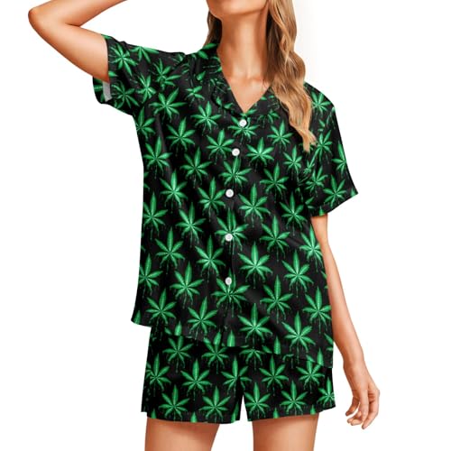 Image of Silk Satin Pajama Set for Women Summer Lounge Pjs Sets 2 Piece Suit Ladies Button Down Tops And Shorts Sleepwear
