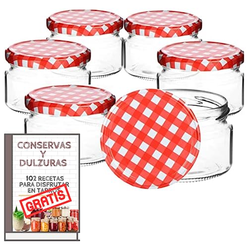 Awiku 6 Tarros Pequeños de Cristal de 140 ml con Tapa de Rosca Hermética + Ebook de 102 Recetas - Tarritos para Postres, Mermelada, Yogur, Salsas - Incluye Etiquetas