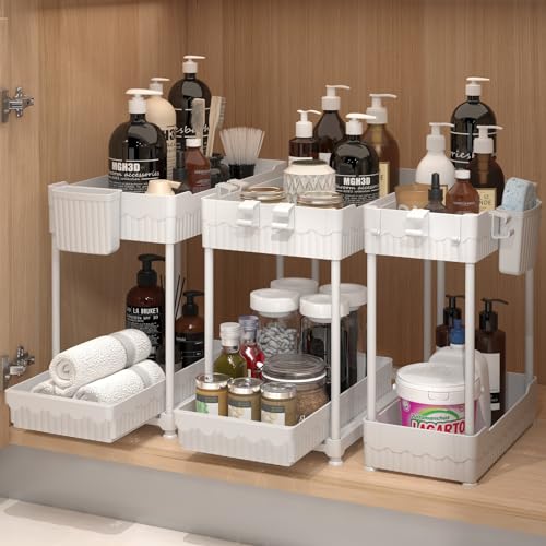 Sevenblue 3 Pack Under Sink Organizer, 2-Tier Multi-Use Kitchen Bathroom Organizers and Storage with Sliding Drawer?Bathroom Cabinet Organizer (14.8inch, White)