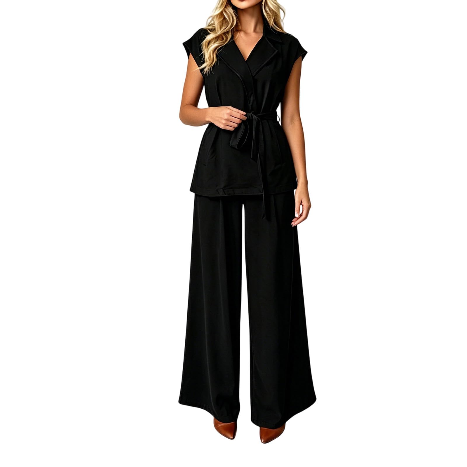 Traje de pantalón para mujer, 2 piezas, sin mangas, chaleco de pierna ancha, pantalones largos con muescas, cuello de solapa, lazo frontal, oficina, trabajo, negocios, formal, elegante, casual