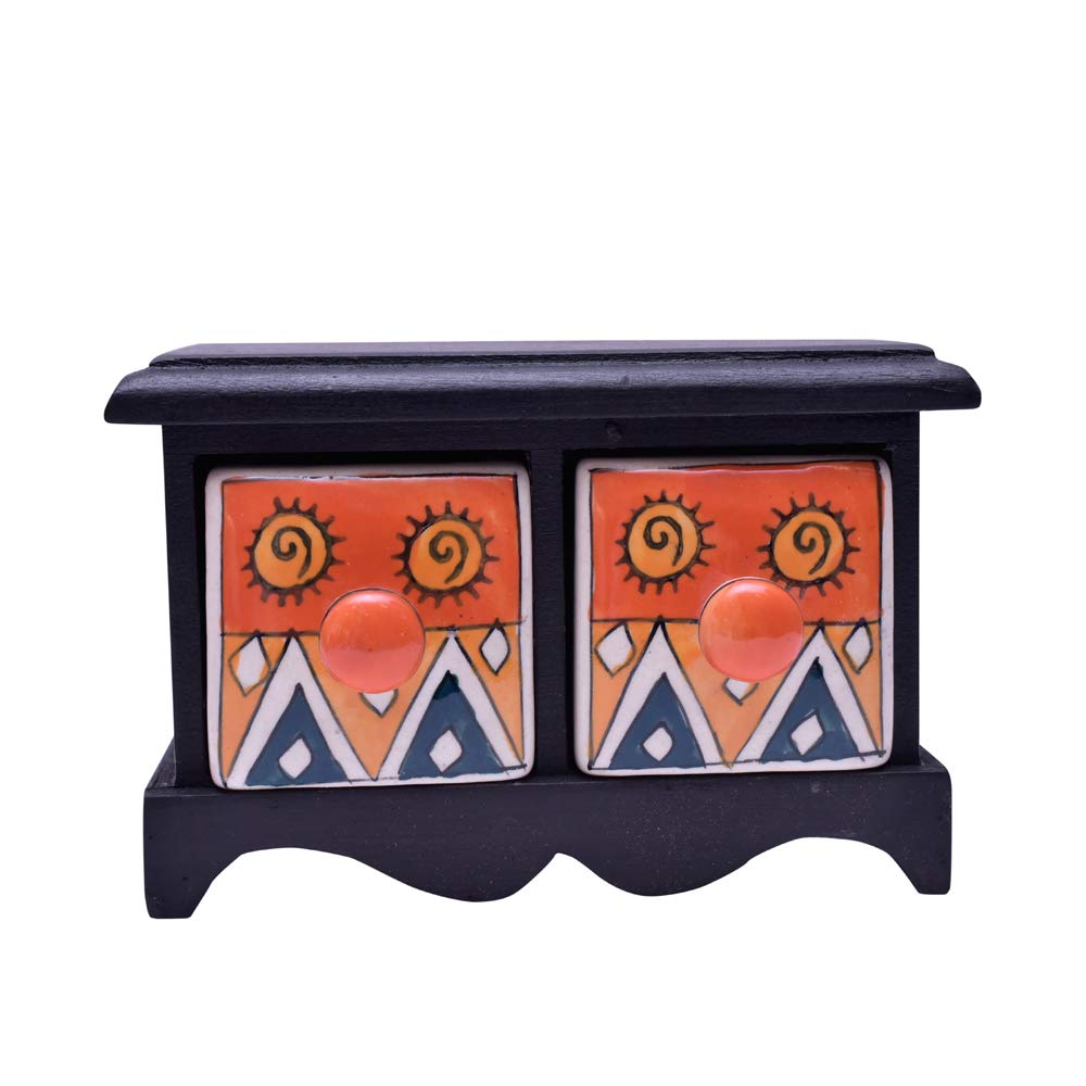 Shriyam Craft India Hand Decorated Embossed Painting Handmade Wooden and Ceramic 2 Drawers Small Chest Jewellery Organizer Desk Table (10 x 17 x 10 cm, Black Color)-image-34