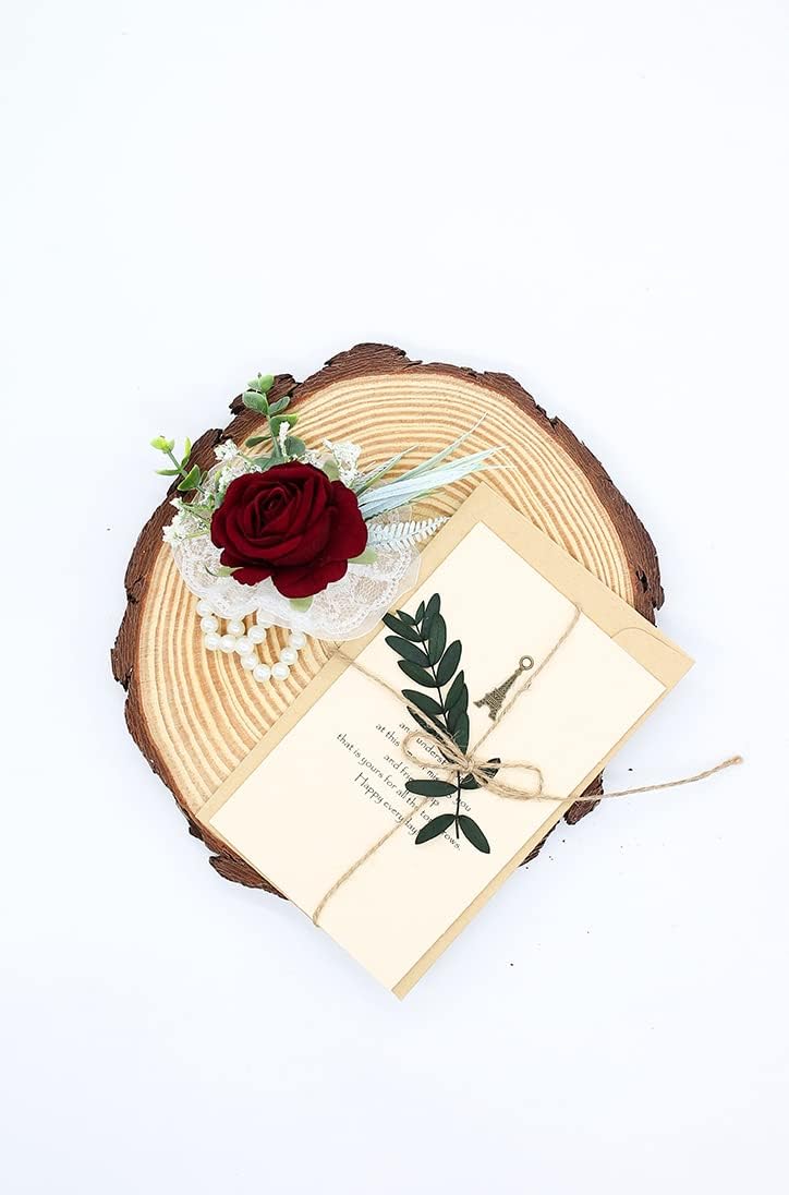 Ansofi Set of 6 Burgundy Wedding Wrist Flower Wine Red Floral Wrist Corsage Bridal Rose Leaf Hand Flowers for Bride and Bridesmaid Festival Prom Engagement
