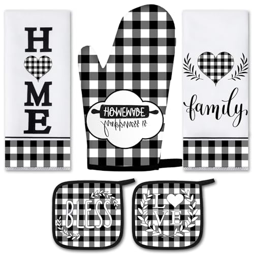 5 Pieces Buffalo Plaid Kitchen Towels Oven Mitts and Pot Holder Set Black and White Kitchen Towels Oven Gloves, Hot Pads Pot Holders for Farm House Accessories Decor(Heart)